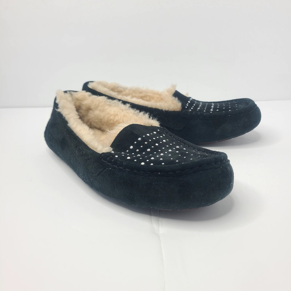 UGG Ansley Bling Shearling Slippers Black Rhinestone Suede Size 9